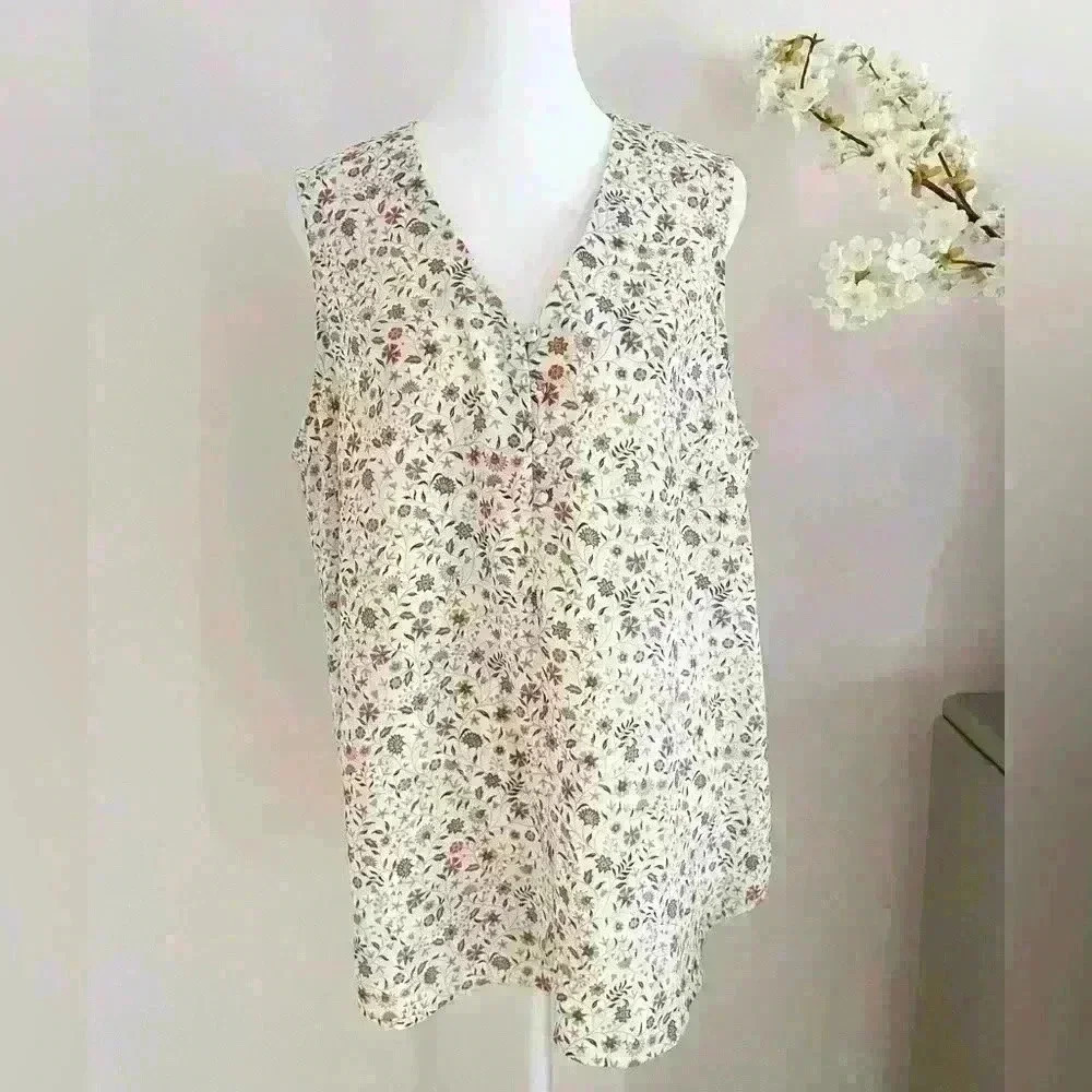 Adrianna Papell Floral Print V Neck Pink Button Up Sleeveless Blouse Top Large